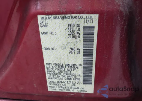 2014 Nissan Altima 2.5/S/Sv/Sl из США, поврежденный, VIN 1N4AL3AP6EC175275